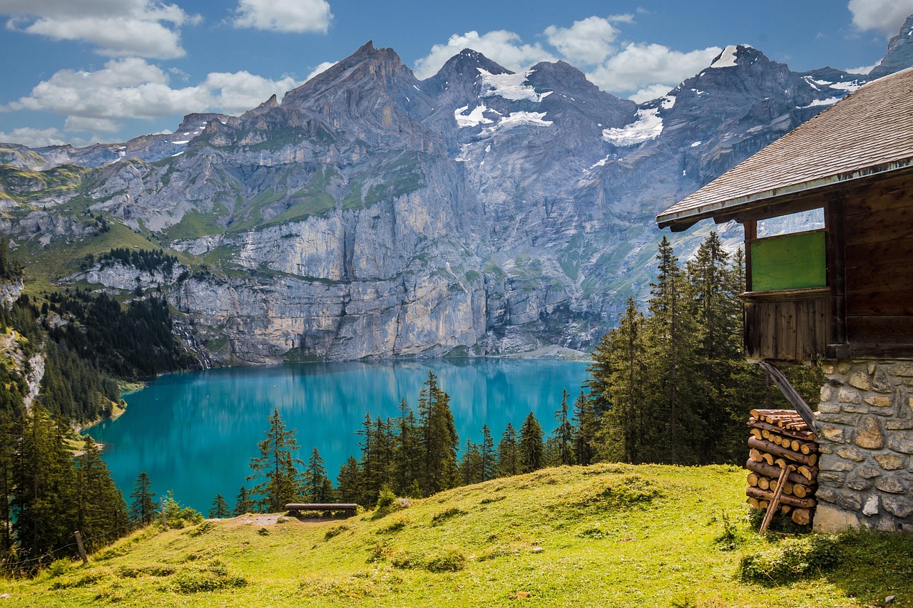 lake, mountains, hut, mountain lake, mountain hut, cabin, building, house, alpine, alps, nature, scenic, lake oeschinen,