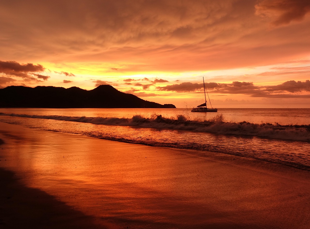 papagayo, beach, sea, boat, sunset, sky, water, coast, clouds, costa, rica, outdoors, evening, ocean, nature, travel, dr