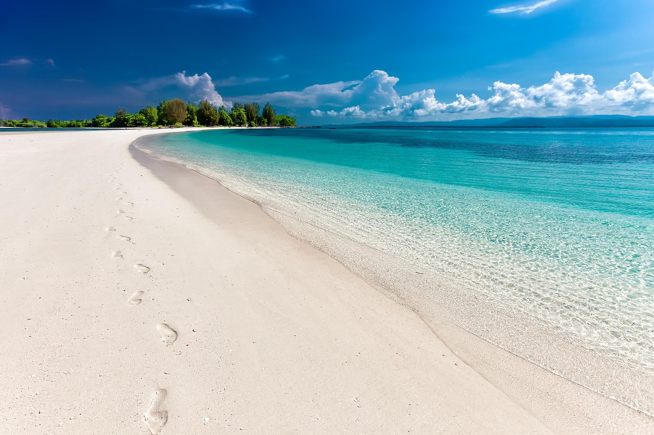 beach, sea, footprints, sand, sandy beach, seashore, shore, nature, coast, coastline, shoreline, tropical island, landsc