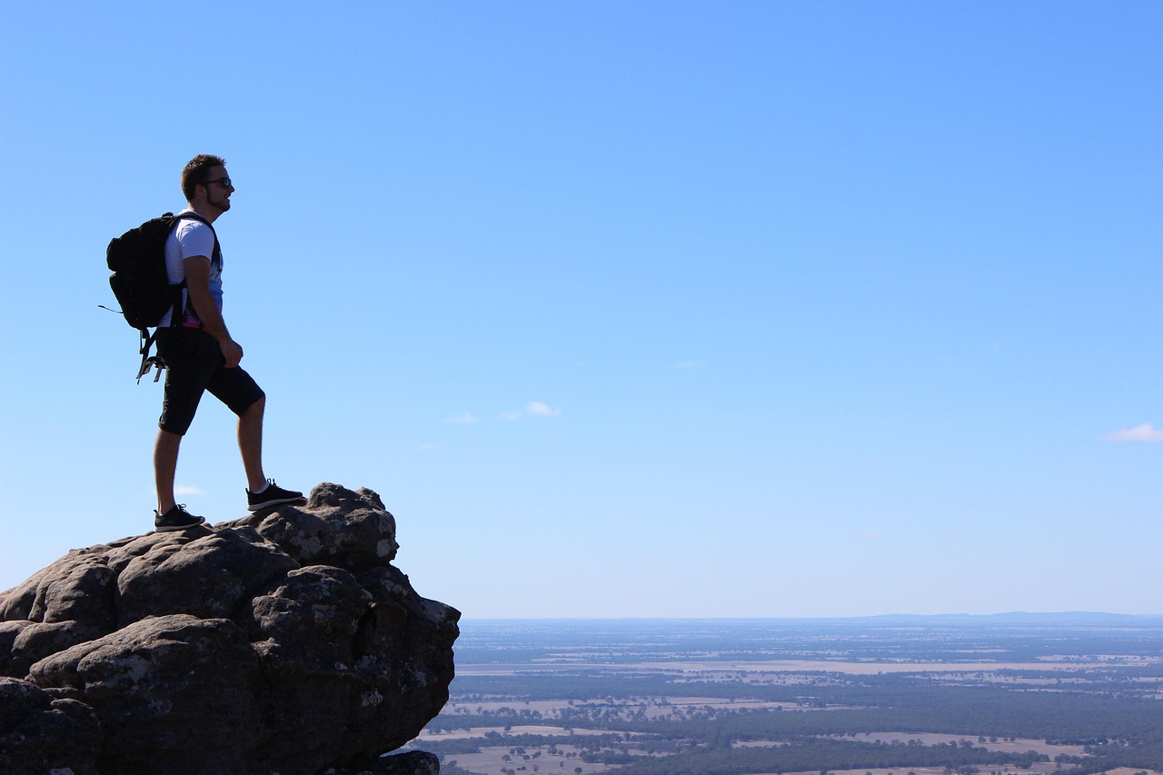 backpack, scenic, hiking, nature, mountain, backpacker, rock, cliff, hiker, wilderness, looking, outdoor, sky, adventure