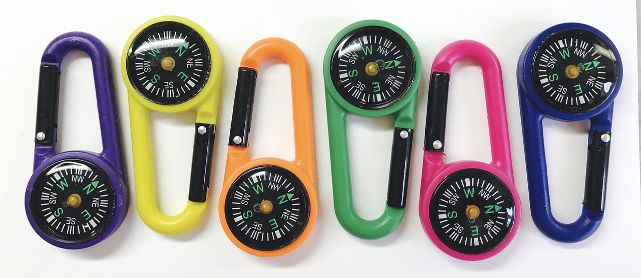 carabiner, compass, colorful, hiking, equipment, backpack, survival, climbing, outdoor, camp, gear, camping, travel, adv